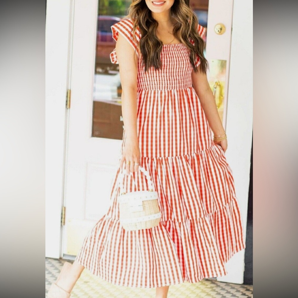 BuddyLove Red Gingham Smocked Midi Dress | Flutter Sleeve Tiered Dress